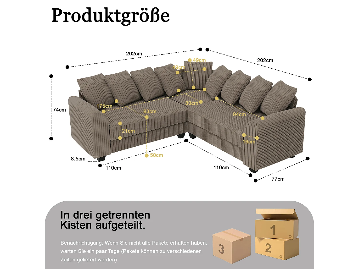 Canapé Modulable L, Canapé avec Coussins d'Appui, Tissu Velours côtelé, Marron (202x202x74 cm)