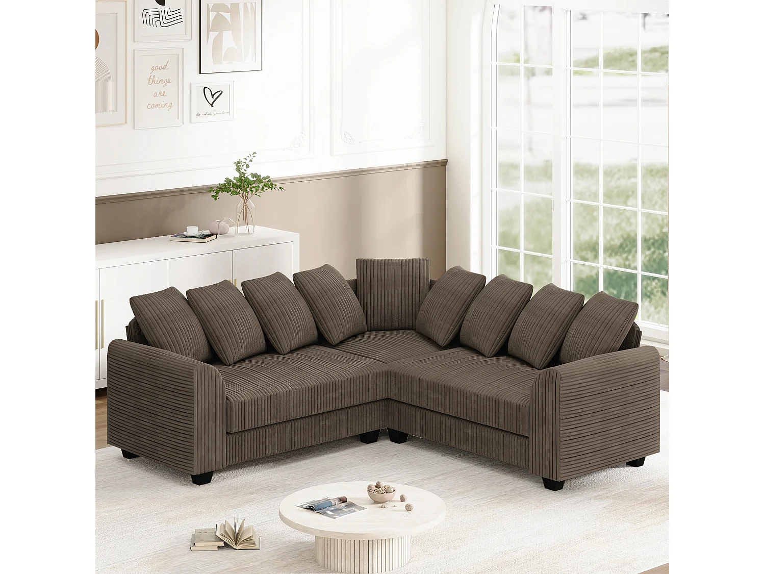 Canapé Modulable L, Canapé avec Coussins d'Appui, Tissu Velours côtelé, Marron (202x202x74 cm)