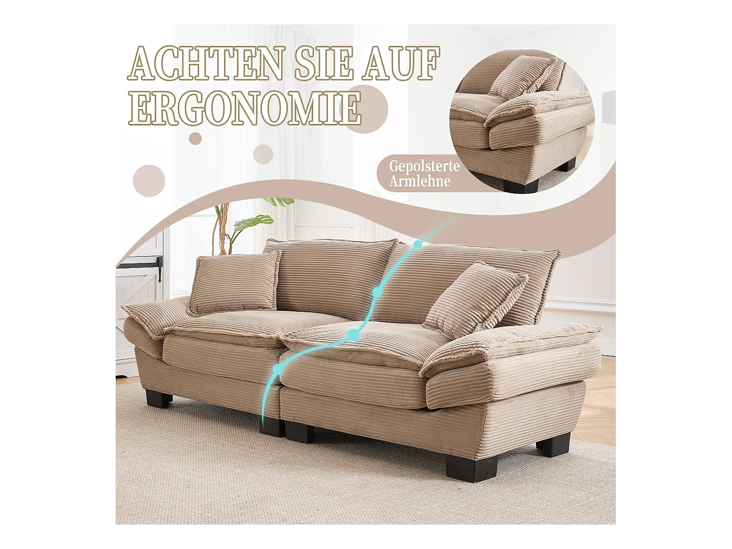 Divano moderno a 2 posti, materasso trasformabile, cuscino singolo, comodo, color cachi (lunghezza x larghezza x altezza cm)