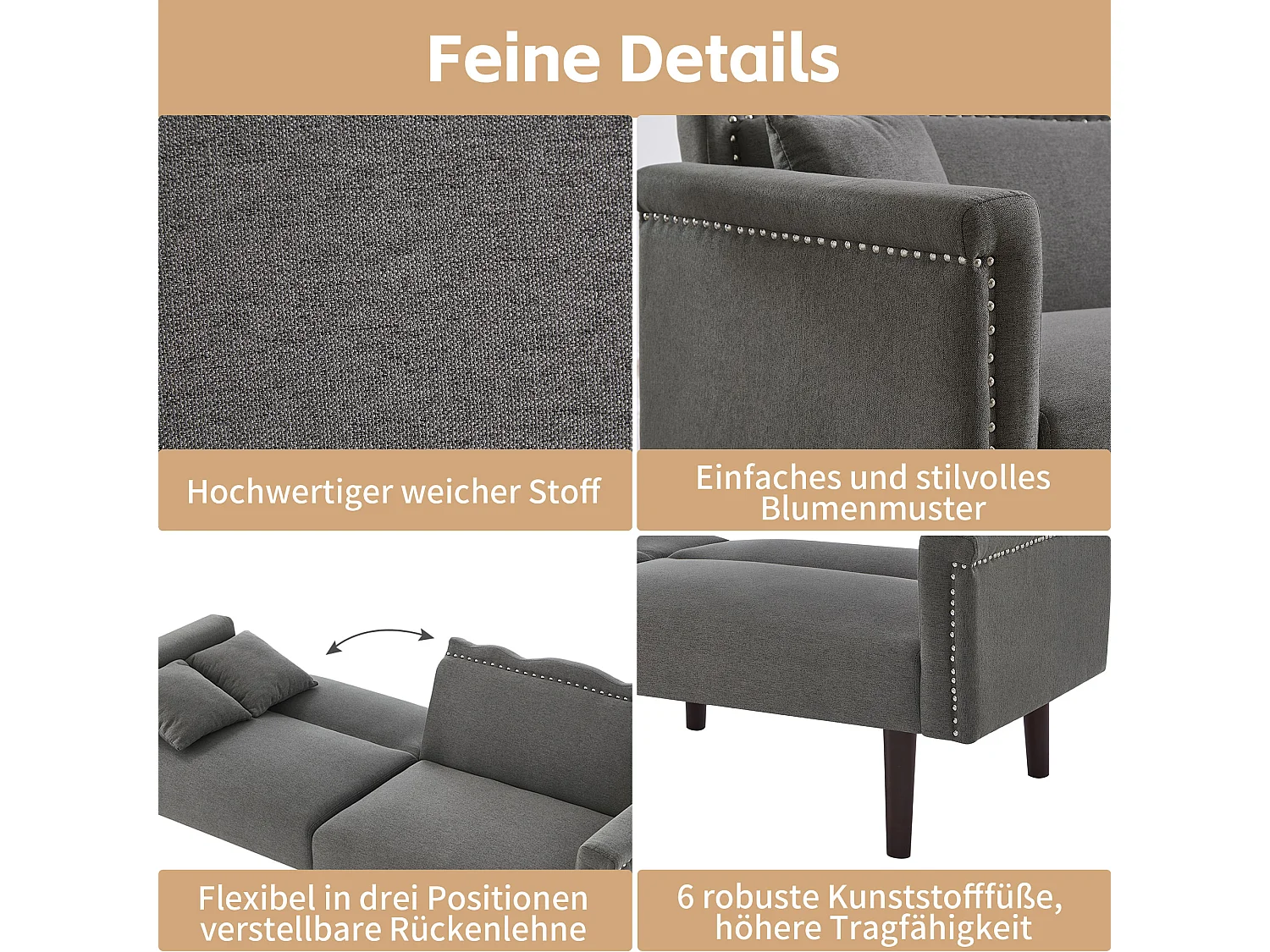 2-zits slaapbank met verstelbare rugleuning, katoen-linnen, antiekzwart (176x72x72 cm)