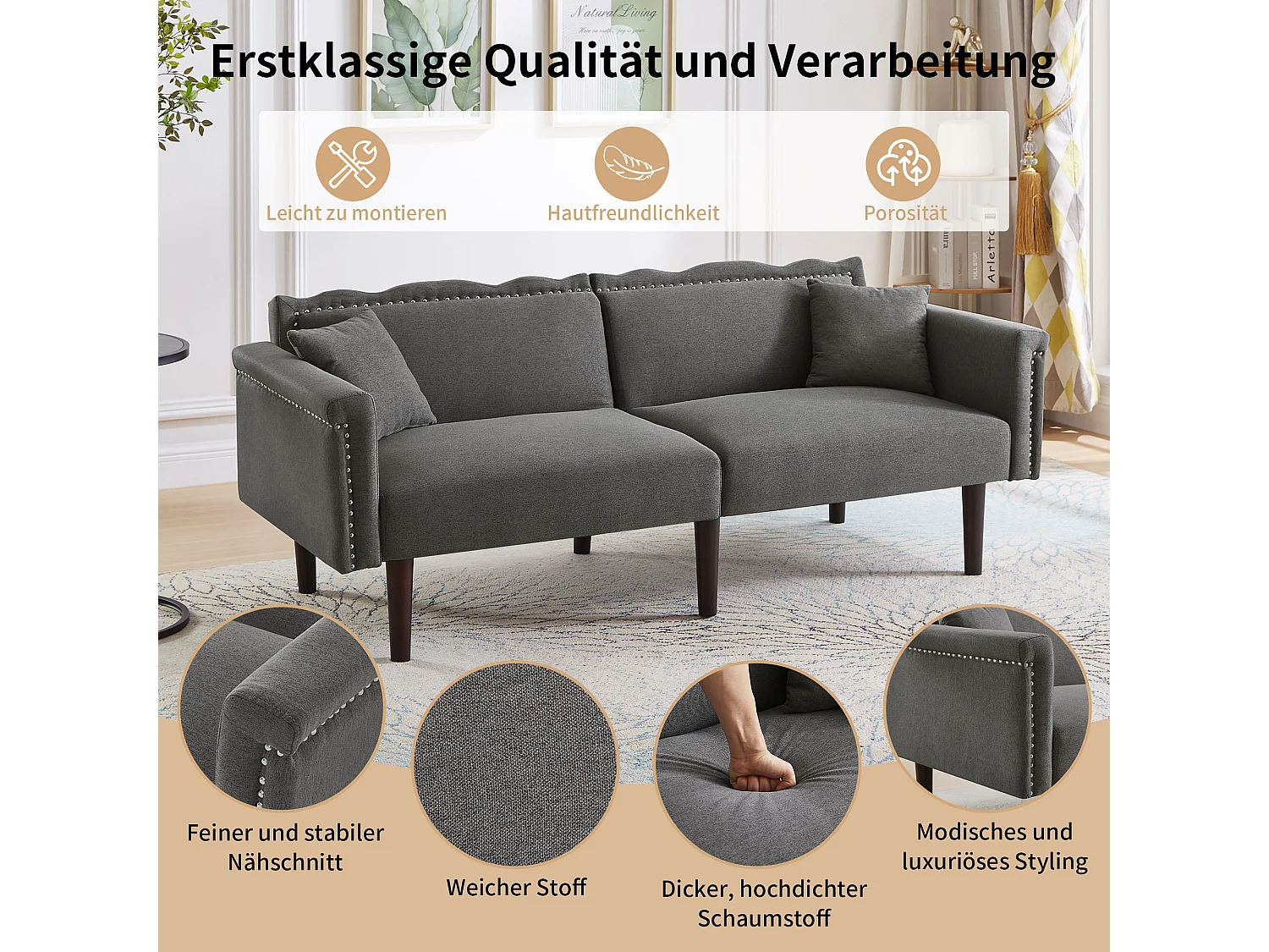 2-zits slaapbank met verstelbare rugleuning, katoen-linnen, antiekzwart (176x72x72 cm)