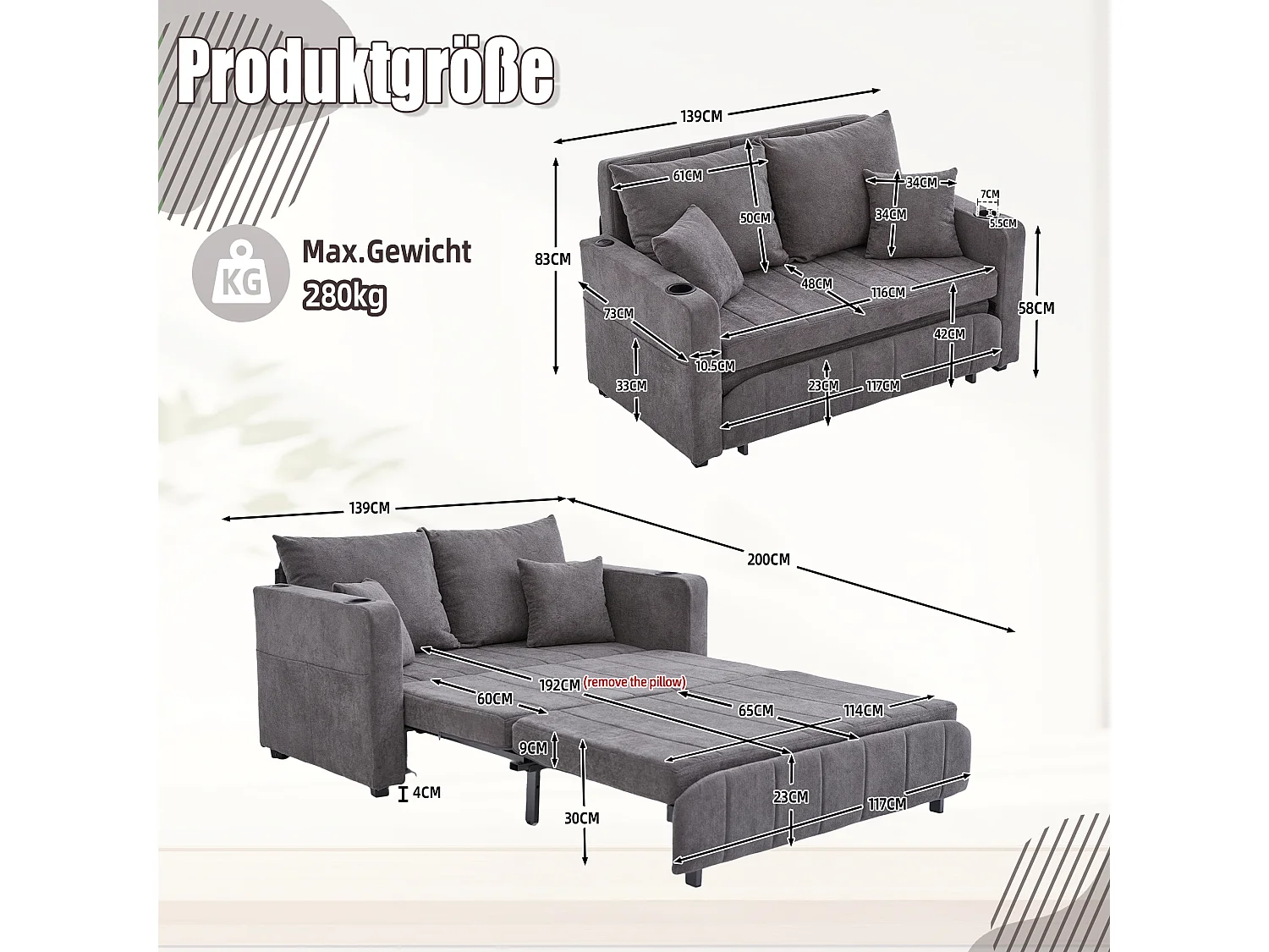 Canapé multifonction en tissu, convertible avec rangement, housse amovible et lavable, avec port USB et porte-gobelet (139x73x83 cm)