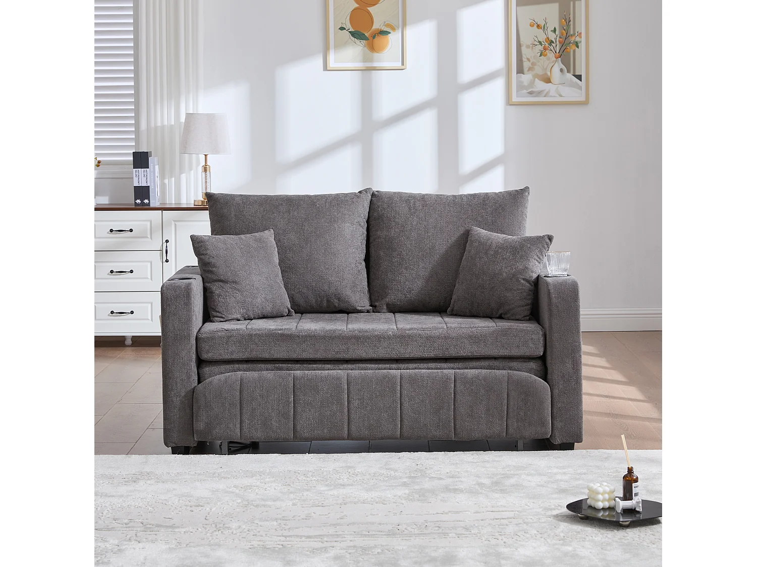 Canapé multifonction en tissu, convertible avec rangement, housse amovible et lavable, avec port USB et porte-gobelet (139x73x83 cm)