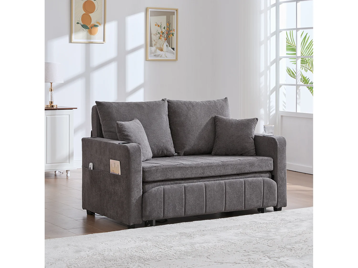 Sofá de tela multifuncional, convertible con almacenaje, funda desenfundable y lavable, con puerto USB y portavasos (139x73x83 cm)