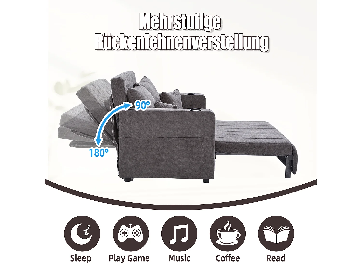 Sofá de tela multifuncional, convertible con almacenaje, funda desenfundable y lavable, con puerto USB y portavasos (139x73x83 cm)