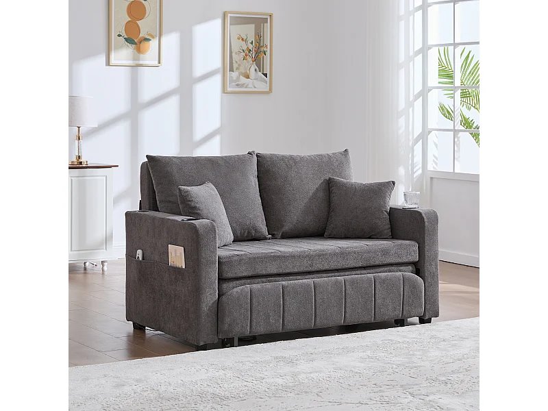 Sofá de tela multifuncional, convertible con almacenaje, funda desenfundable y lavable, con puerto USB y portavasos (139x73x83 cm)