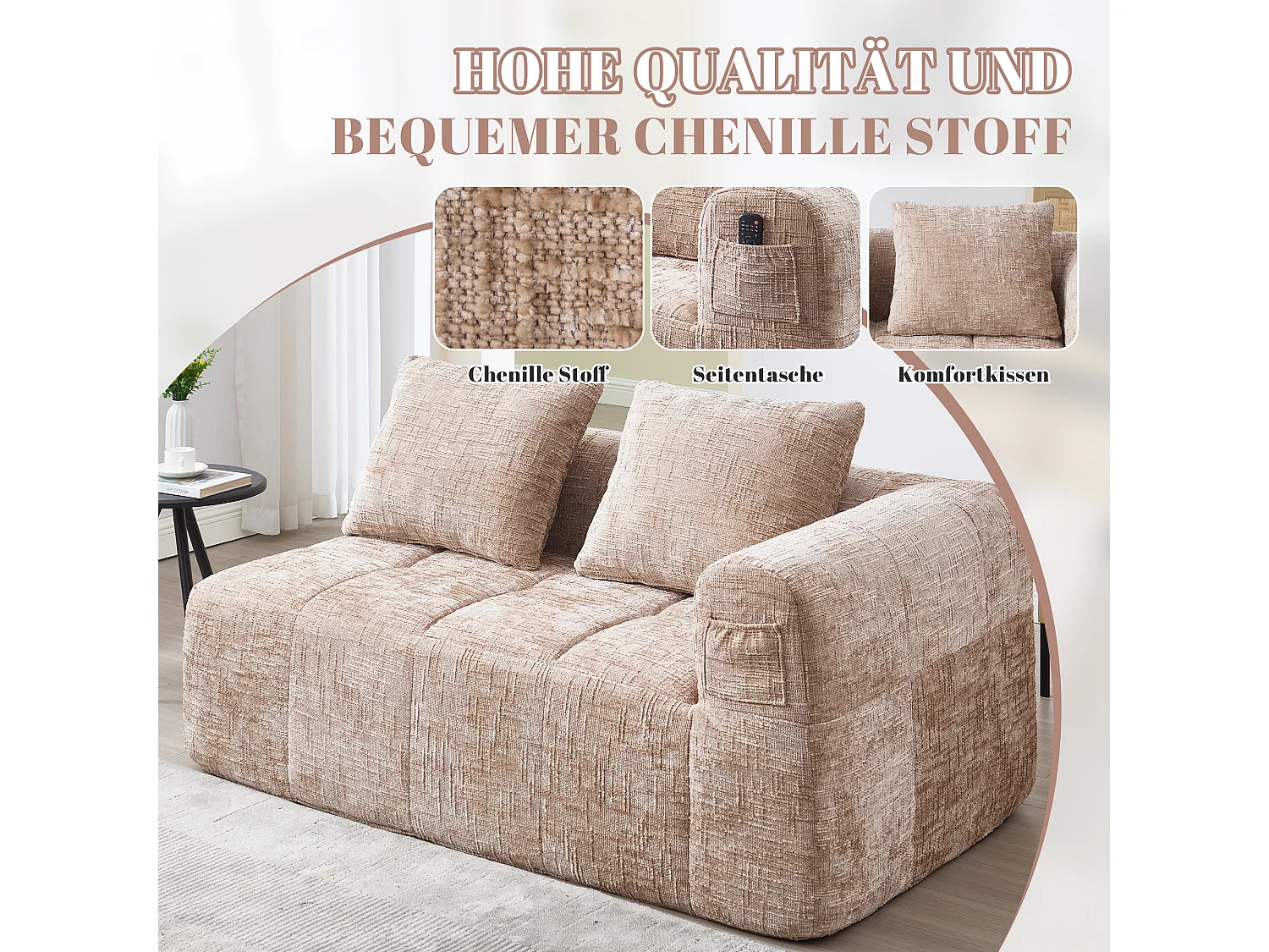 Canapé 2 Places Moderne, Coussin, Tissu Chenille, Poches Latérales, Télécommande, Beige