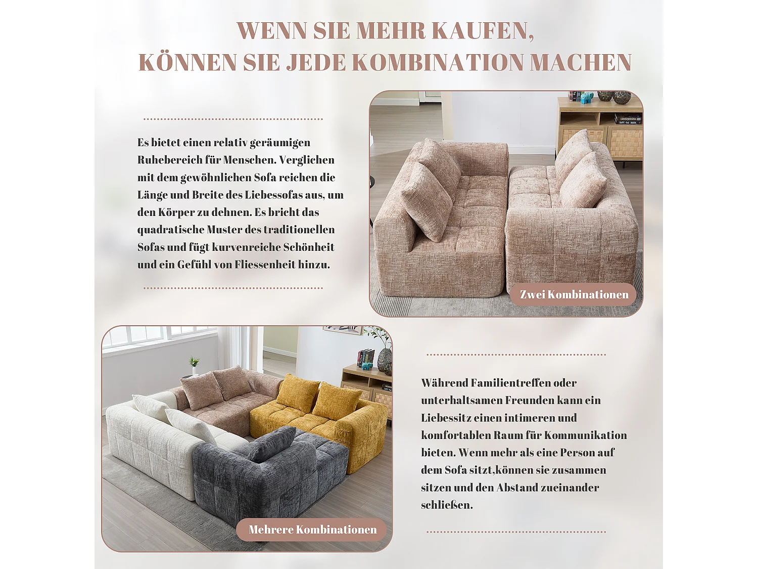 Canapé 2 Places Moderne, Coussin, Tissu Chenille, Poches Latérales, Télécommande, Beige