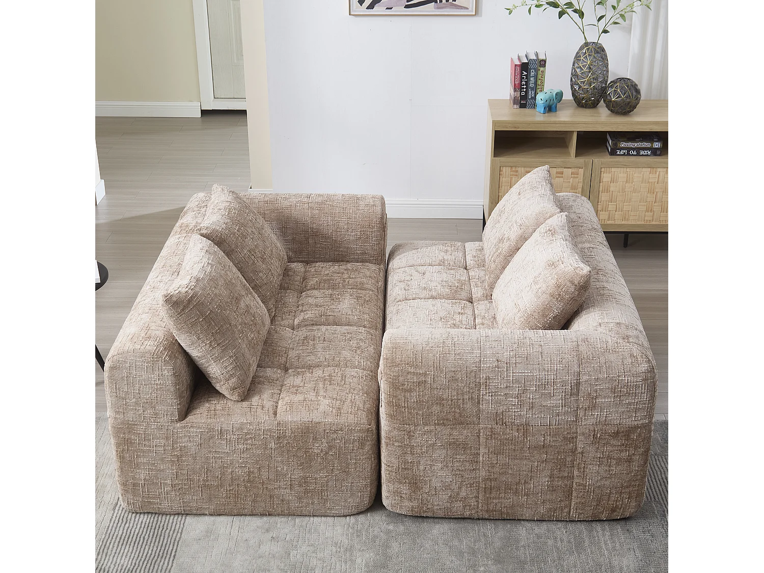 Canapé 2 Places Moderne, Coussin, Tissu Chenille, Poches Latérales, Télécommande, Beige