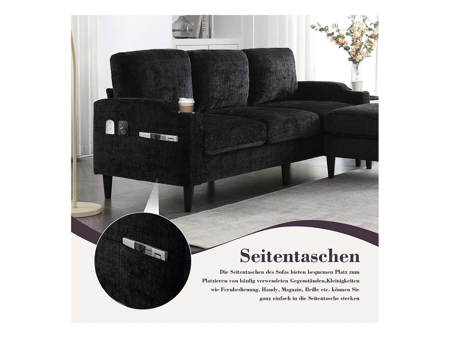 Canapé 4 places avec Pouf et Rangement, Chenille, Noir, Accoudoirs confortables, Porte-gobelets (196.5x75x77 cm)