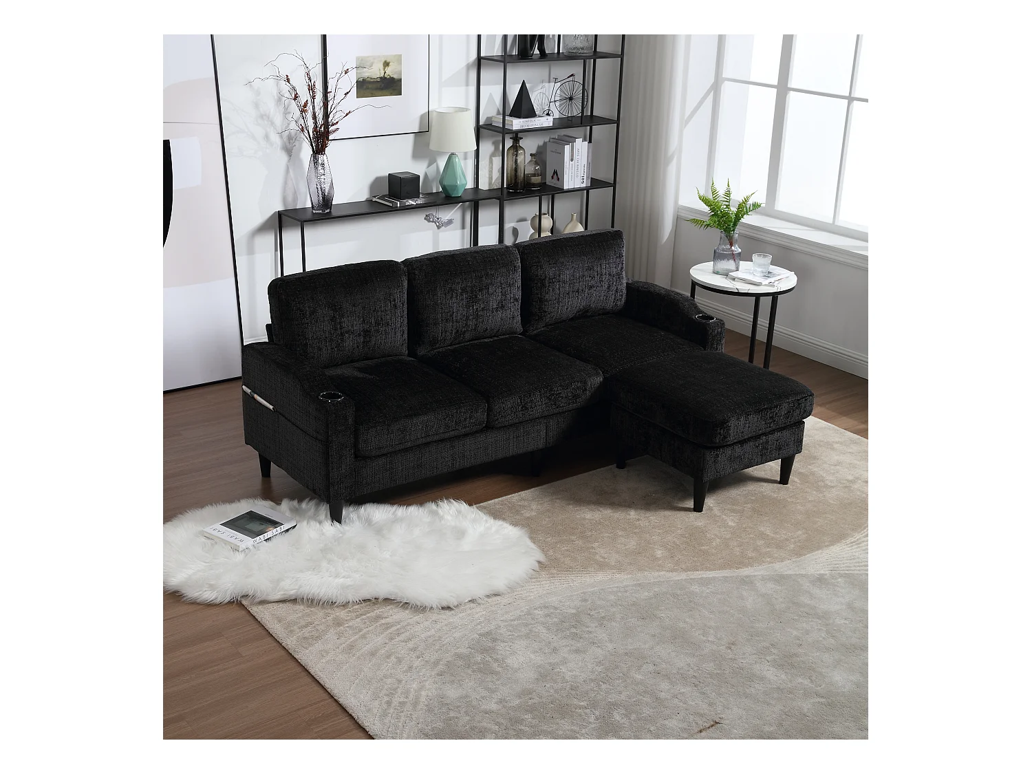 Canapé 4 places avec Pouf et Rangement, Chenille, Noir, Accoudoirs confortables, Porte-gobelets (196.5x75x77 cm)