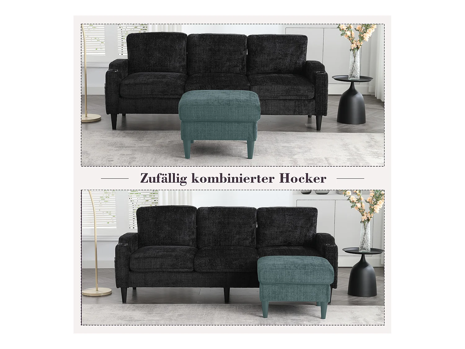 Canapé 4 places avec Pouf et Rangement, Chenille, Noir, Accoudoirs confortables, Porte-gobelets (196.5x75x77 cm)