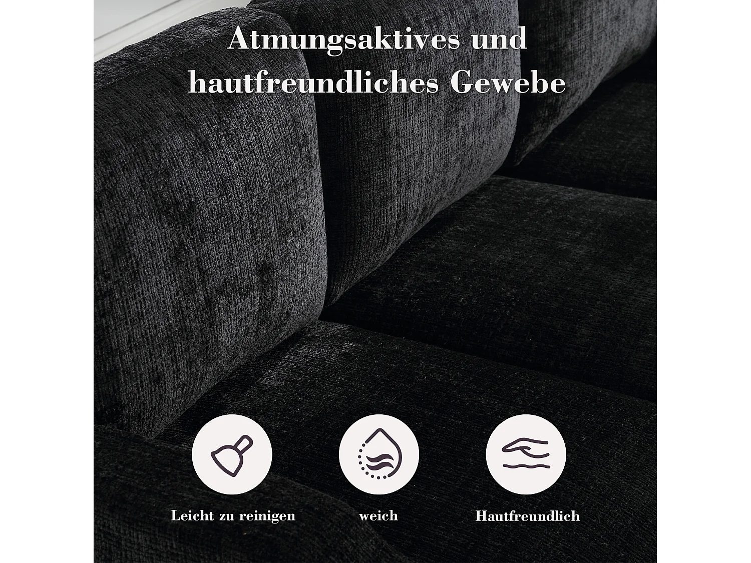 Canapé 4 places avec Pouf et Rangement, Chenille, Noir, Accoudoirs confortables, Porte-gobelets (196.5x75x77 cm)