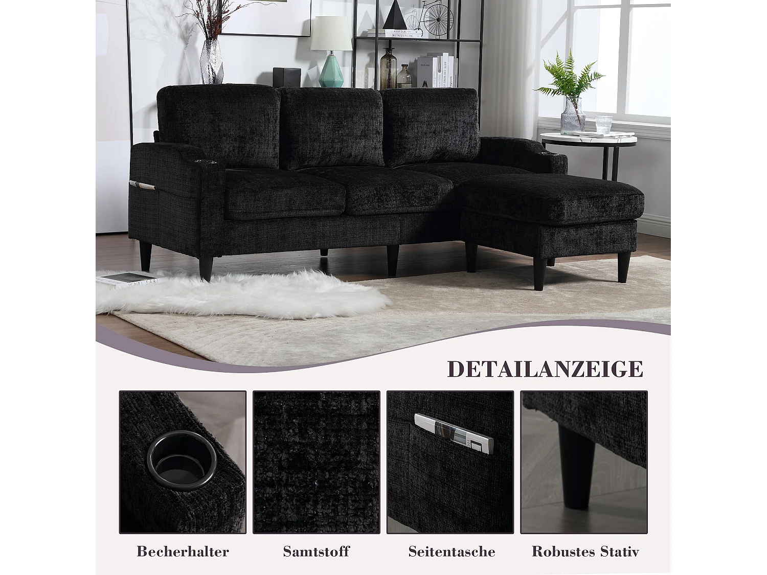 Canapé 4 places avec Pouf et Rangement, Chenille, Noir, Accoudoirs confortables, Porte-gobelets (196.5x75x77 cm)