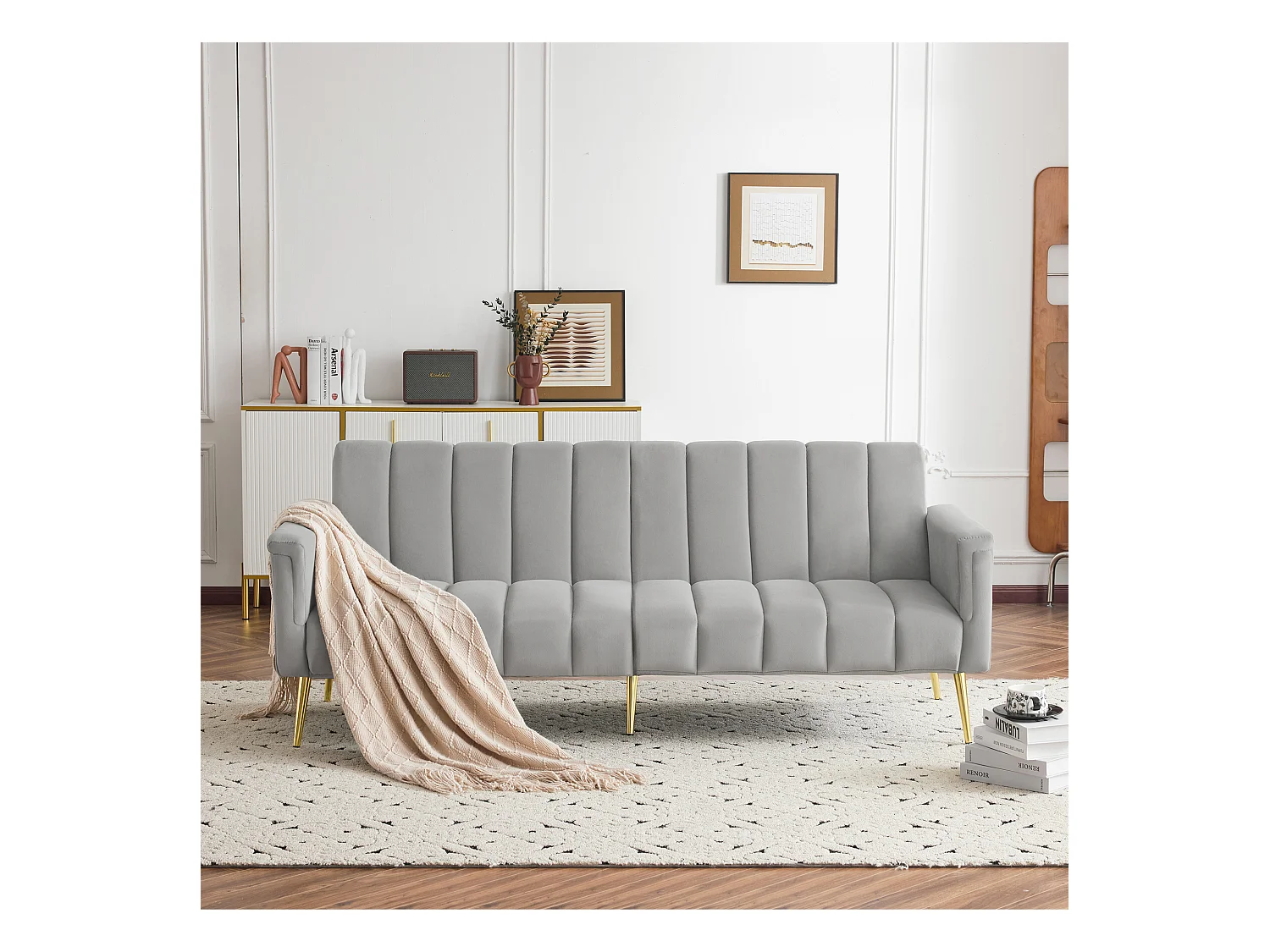 Canapé convertible en lit avec accoudoirs ajustables, canapé en velours, gris (183x76x75 cm)