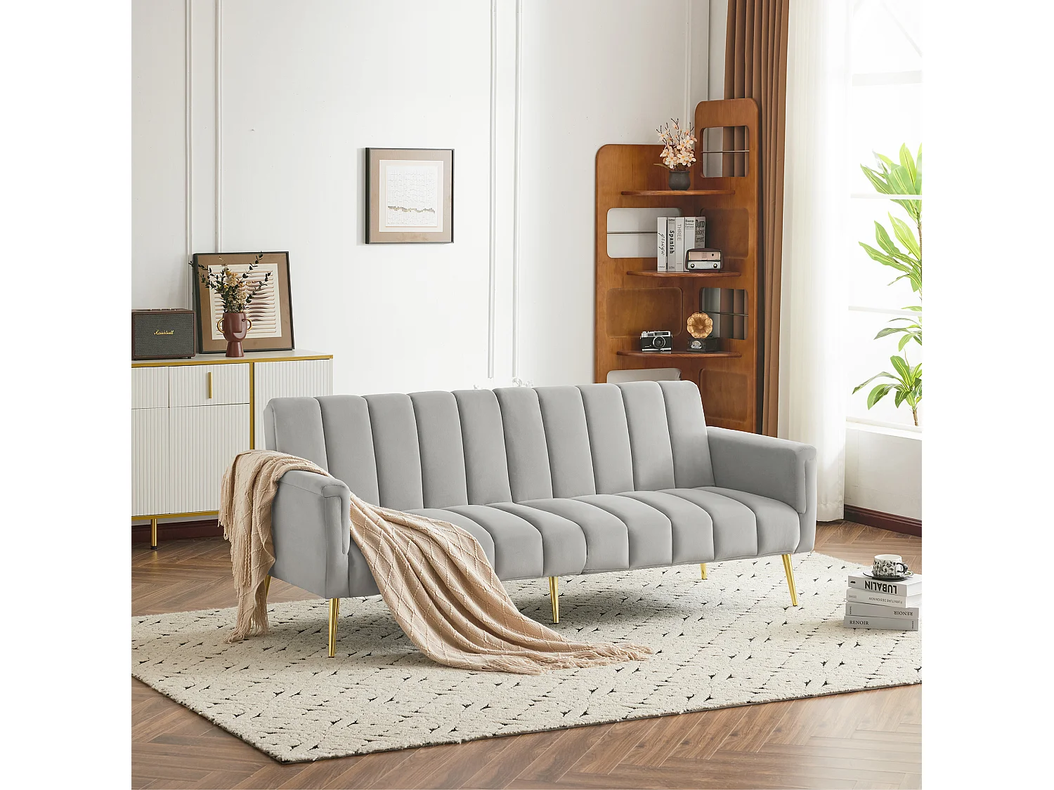 Canapé convertible en lit avec accoudoirs ajustables, canapé en velours, gris (183x76x75 cm)
