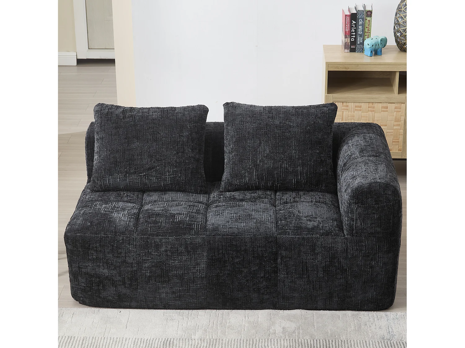 Comodo divano per 2 persone, non necessita di montaggio, cuscino, tasche laterali, telecomando, tessuto ciniglia, nero (38,5x37x112 cm)