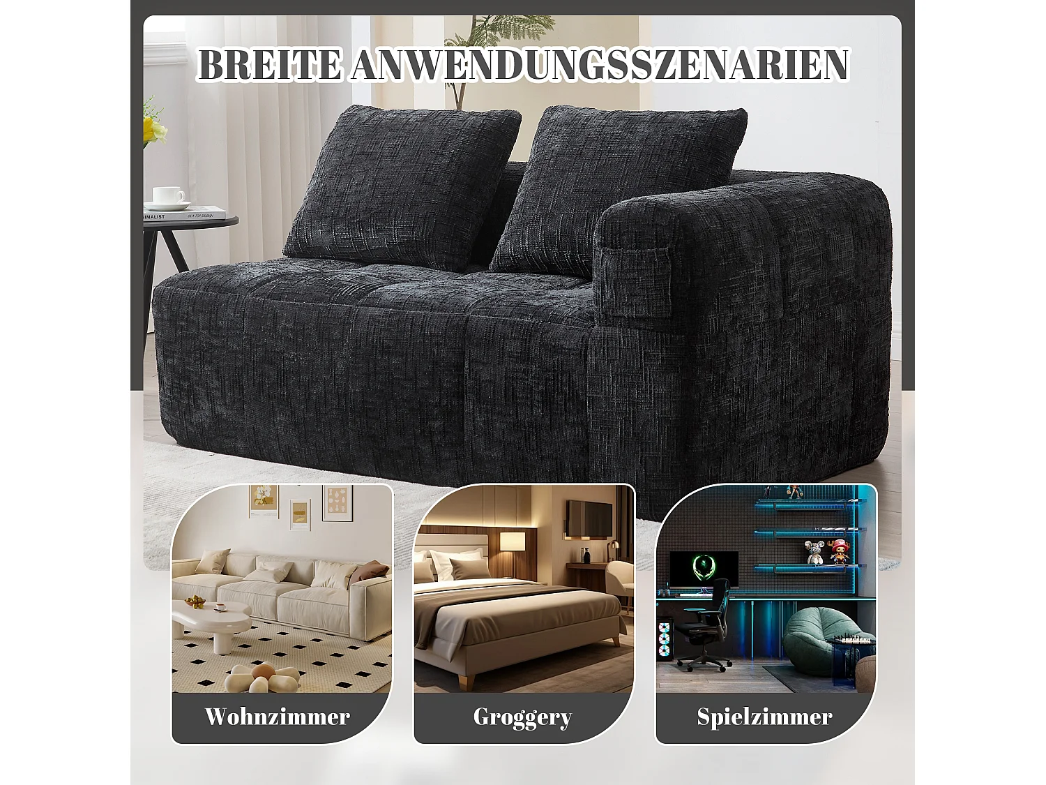 Comodo divano per 2 persone, non necessita di montaggio, cuscino, tasche laterali, telecomando, tessuto ciniglia, nero (38,5x37x112 cm)