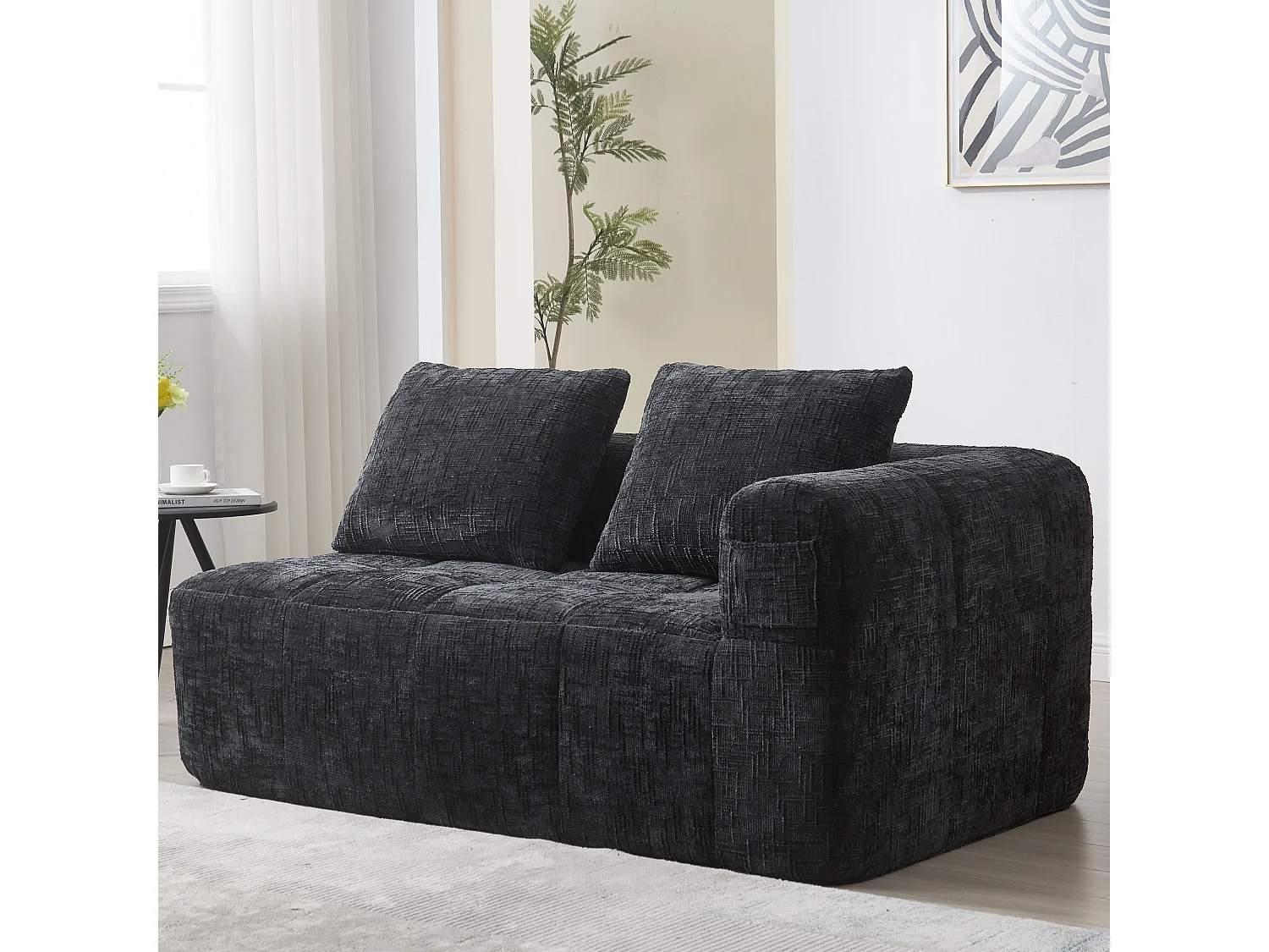 Comodo divano per 2 persone, non necessita di montaggio, cuscino, tasche laterali, telecomando, tessuto ciniglia, nero (38,5x37x112 cm)