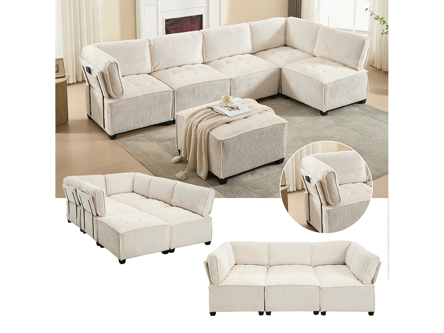 Divano modulare 6 posti, velluto a coste, ergonomico, contenitore, flessibile, legno e metallo, beige (308x154x81,99 cm)