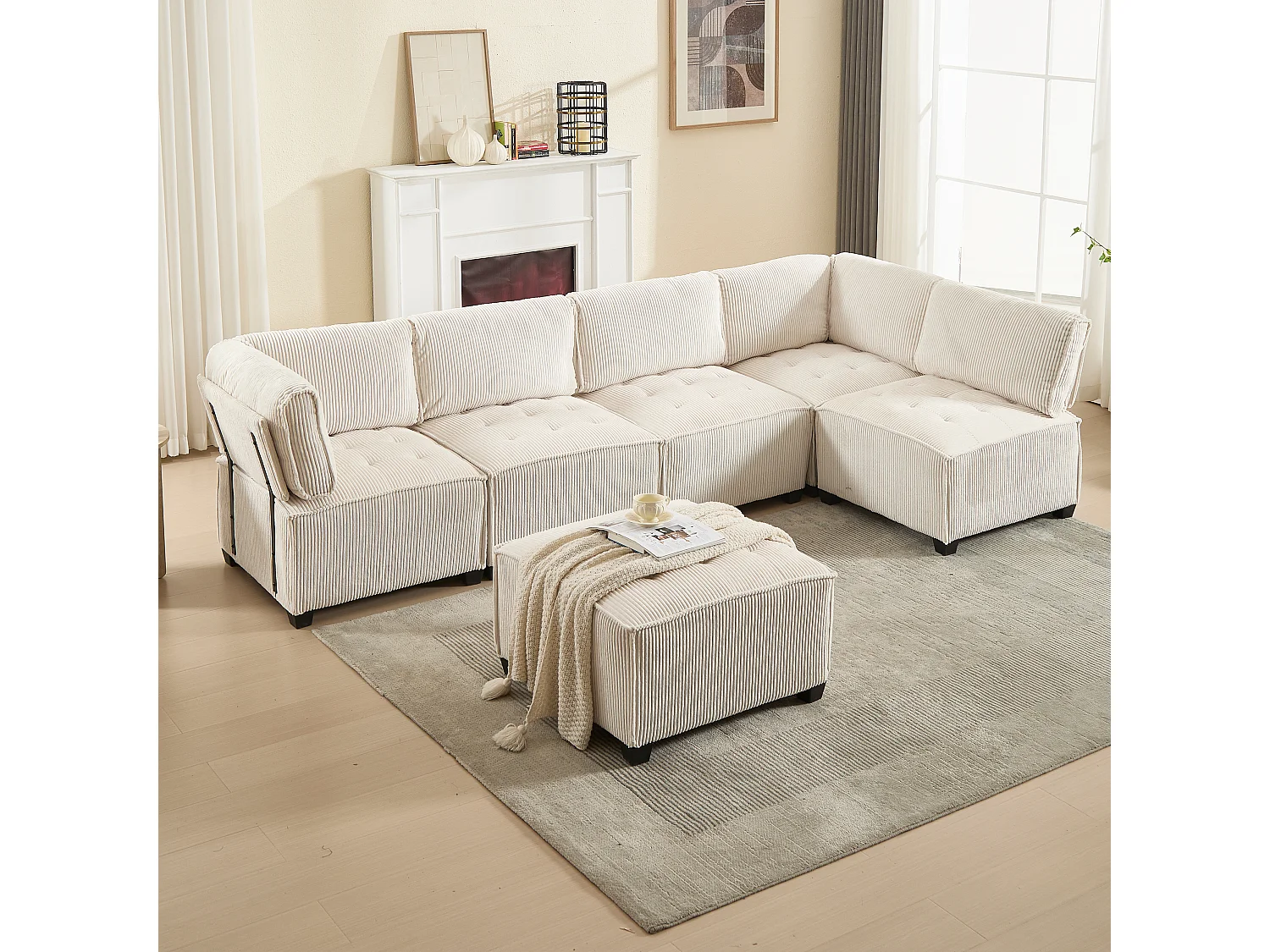 Divano modulare 6 posti, velluto a coste, ergonomico, contenitore, flessibile, legno e metallo, beige (308x154x81,99 cm)