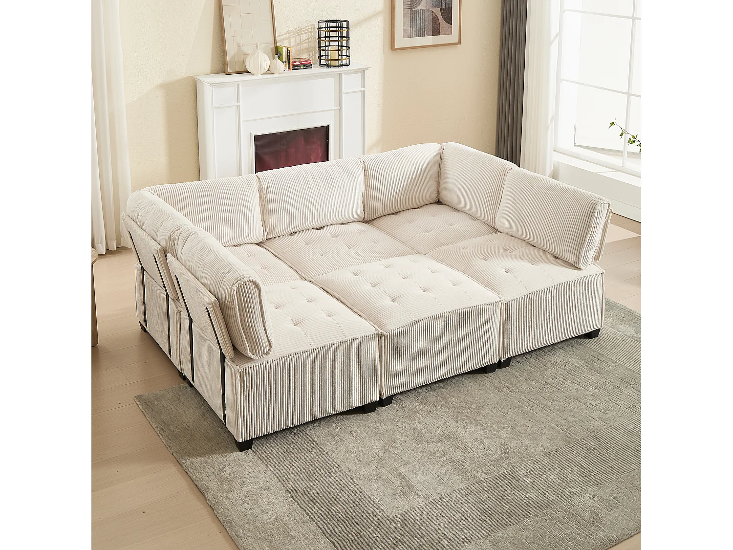 Divano modulare 6 posti, velluto a coste, ergonomico, contenitore, flessibile, legno e metallo, beige (308x154x81,99 cm)