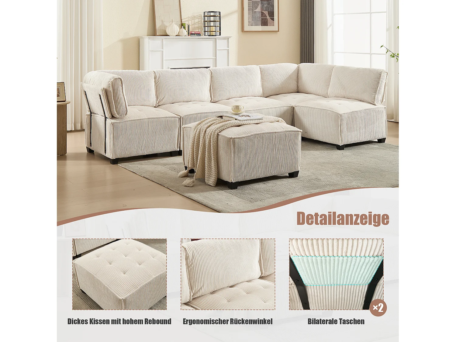 Divano modulare 6 posti, velluto a coste, ergonomico, contenitore, flessibile, legno e metallo, beige (308x154x81,99 cm)