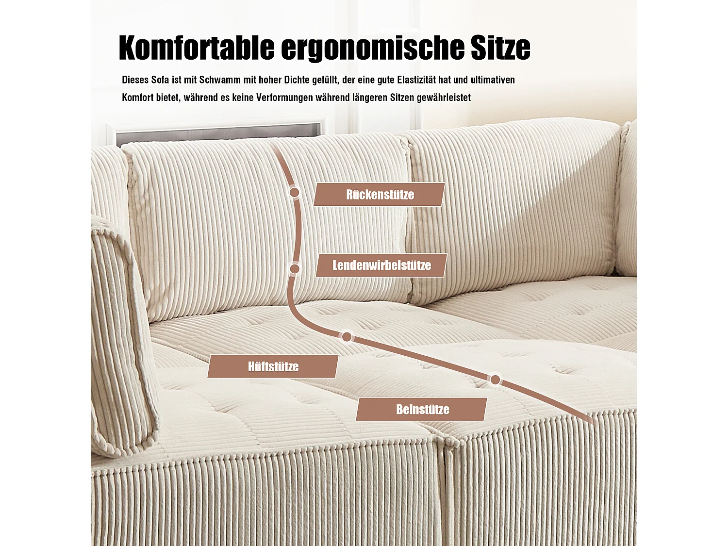 Sofá modular de 6 plazas, pana, ergonómico, almacenaje, flexible, madera y metal, beige (308x154x81,99 cm)