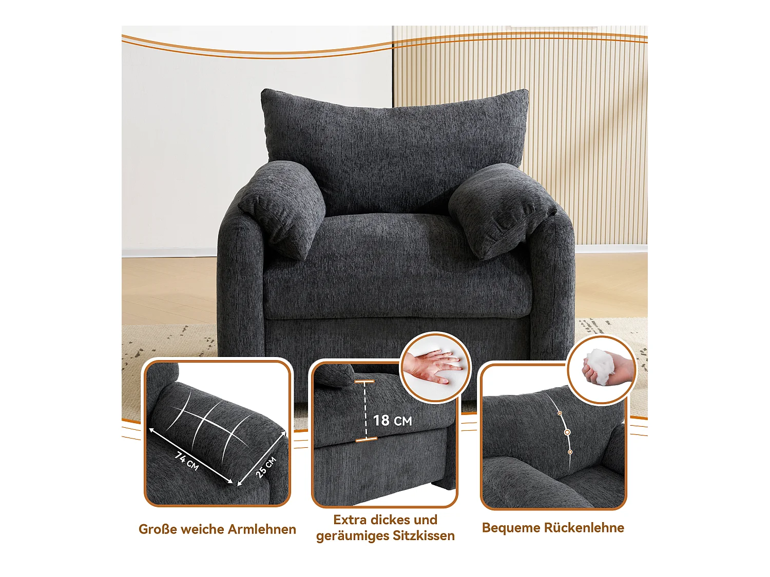 1-zitsbank, modern design, in chenille, beige (96x82x84 cm)