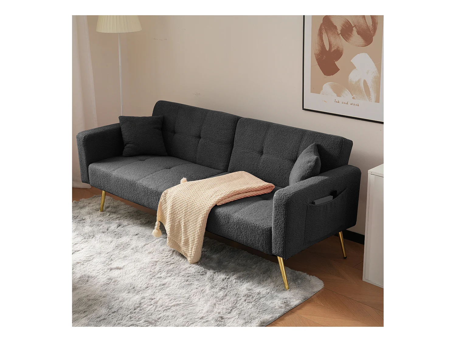 Divano letto con funzione letto, angolazione regolabile, piedini dorati, con cuscini e tasche laterali (175x64x72 cm)