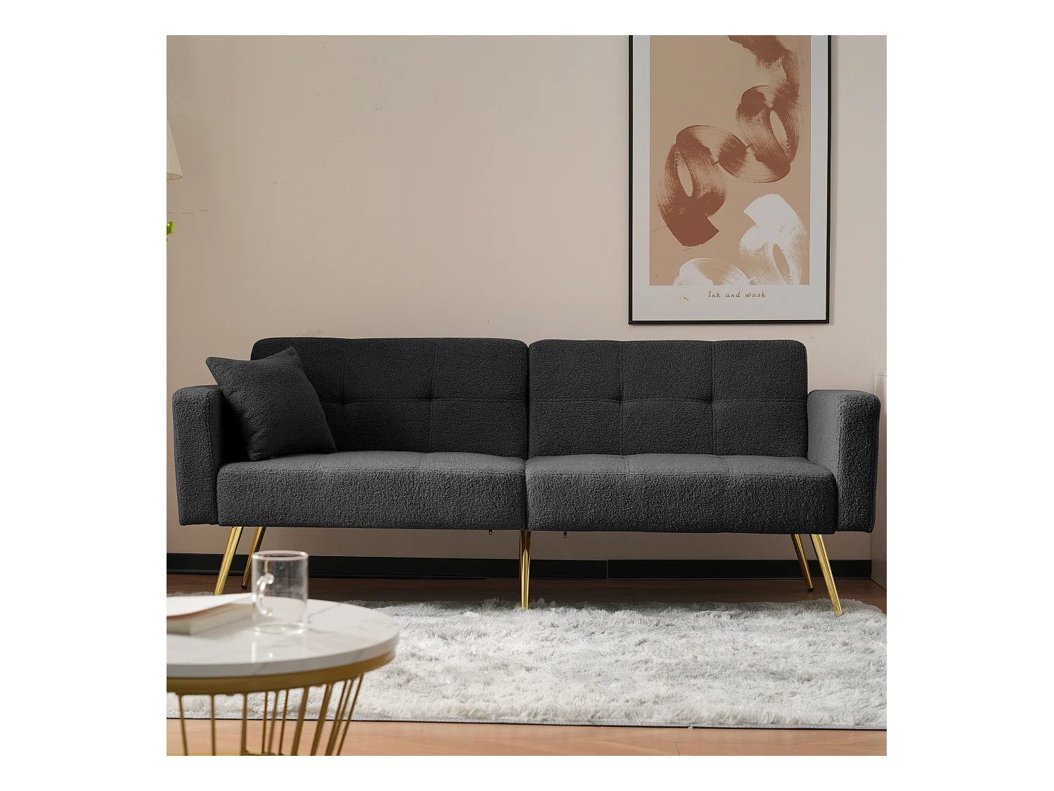 Divano letto con funzione letto, angolazione regolabile, piedini dorati, con cuscini e tasche laterali (175x64x72 cm)