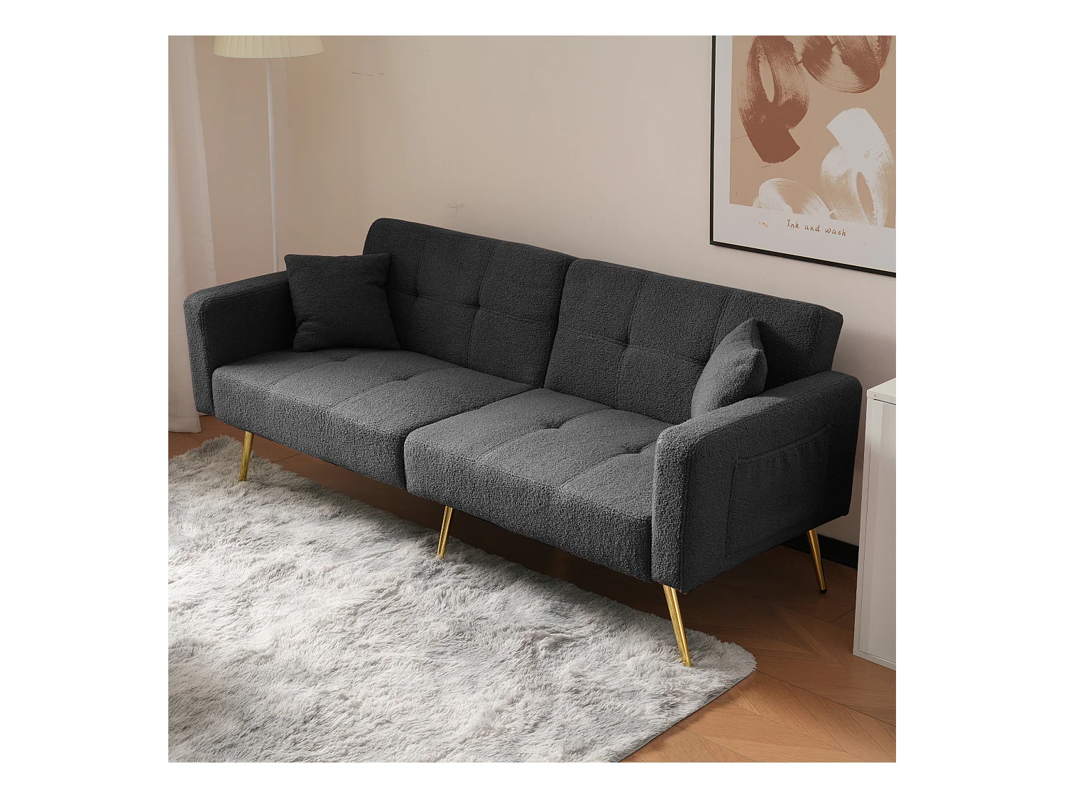 Divano letto con funzione letto, angolazione regolabile, piedini dorati, con cuscini e tasche laterali (175x64x72 cm)