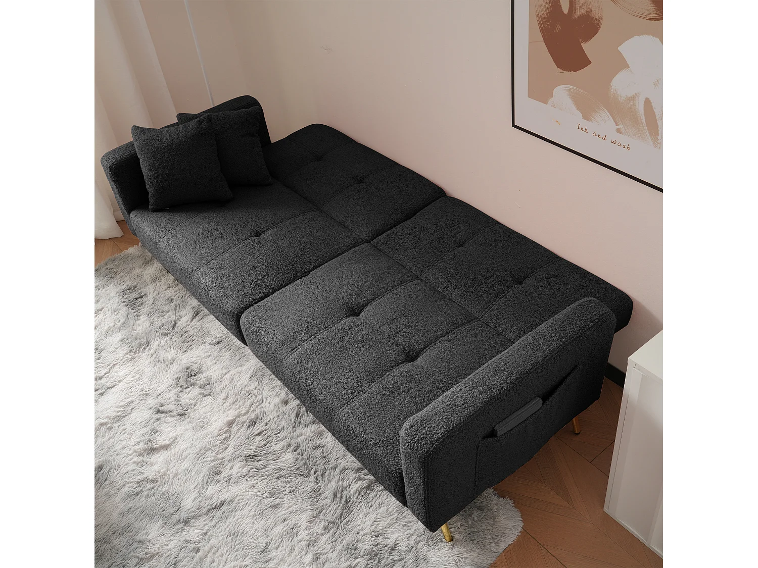 Divano letto con funzione letto, angolazione regolabile, piedini dorati, con cuscini e tasche laterali (175x64x72 cm)