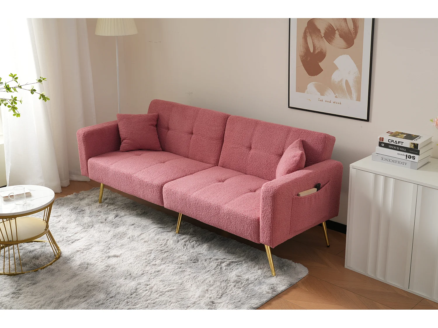 Canapé convertible avec fonction lit, angle réglable, pieds dorés, avec coussins et poches latérales (175x64x72 cm)