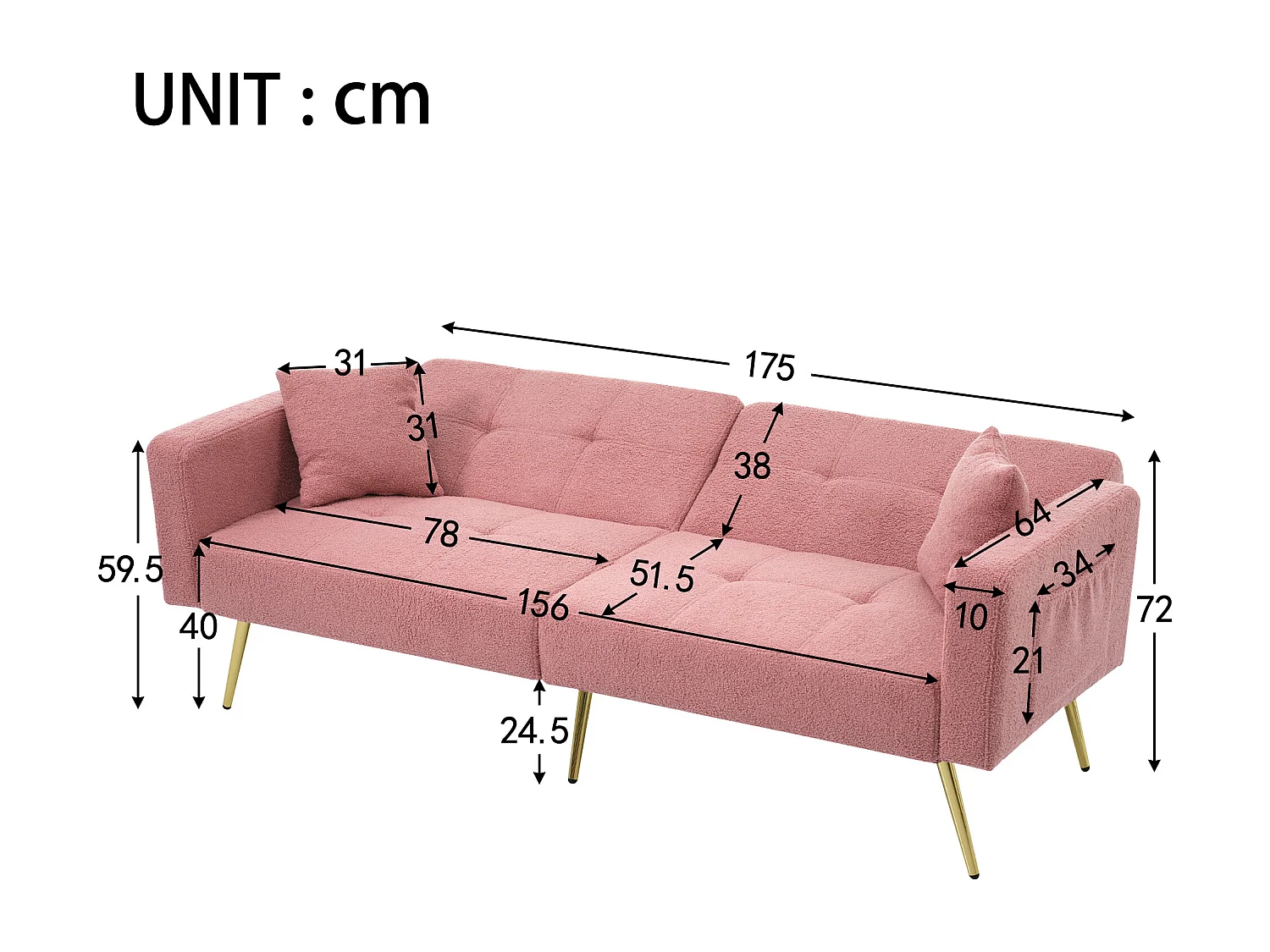 Canapé convertible avec fonction lit, angle réglable, pieds dorés, avec coussins et poches latérales (175x64x72 cm)