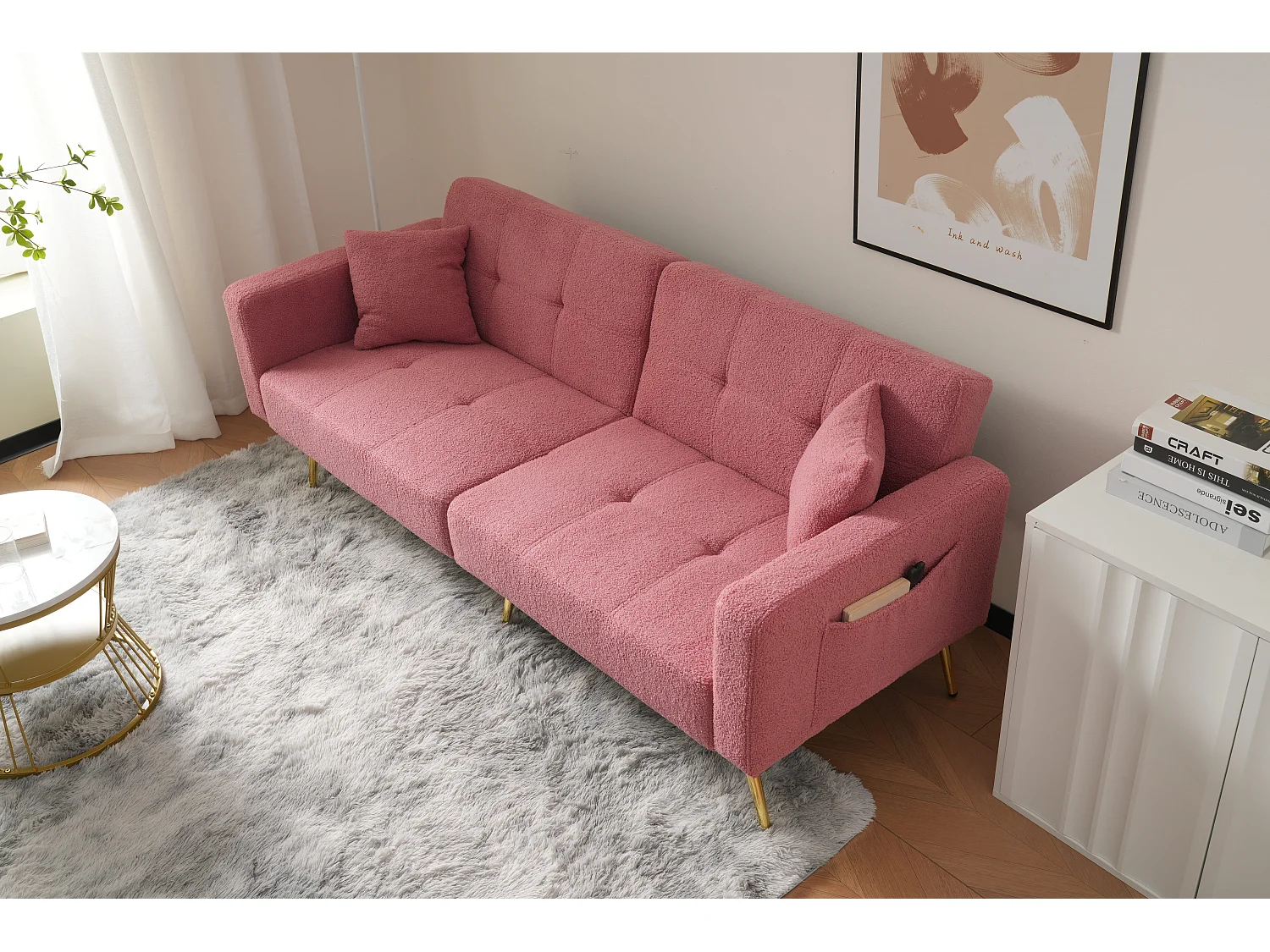 Canapé convertible avec fonction lit, angle réglable, pieds dorés, avec coussins et poches latérales (175x64x72 cm)