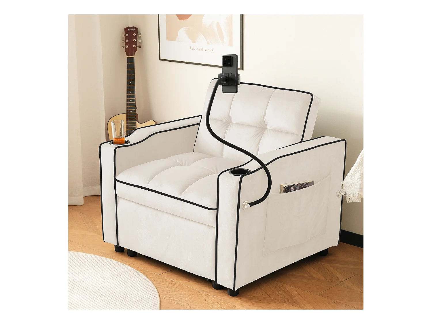 Canapé convertible 3-en-1 avec porte-gobelets et support de téléphone, en velours, beige (83x167x76 cm)