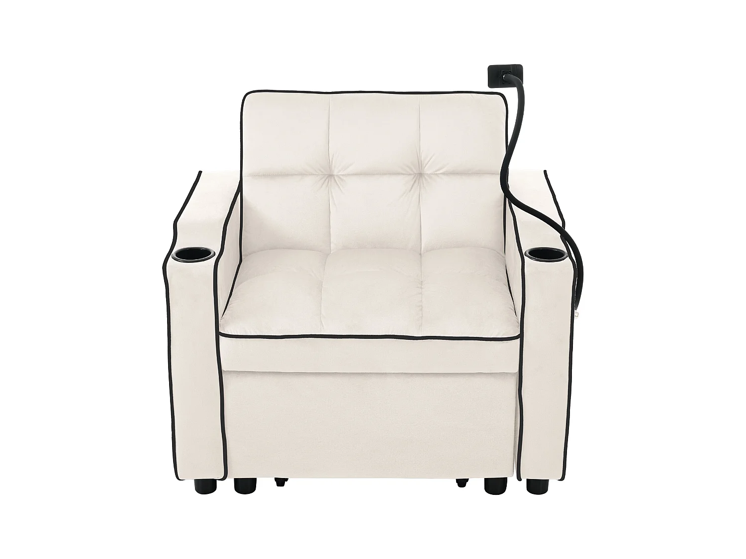 Canapé convertible 3-en-1 avec porte-gobelets et support de téléphone, en velours, beige (83x167x76 cm)