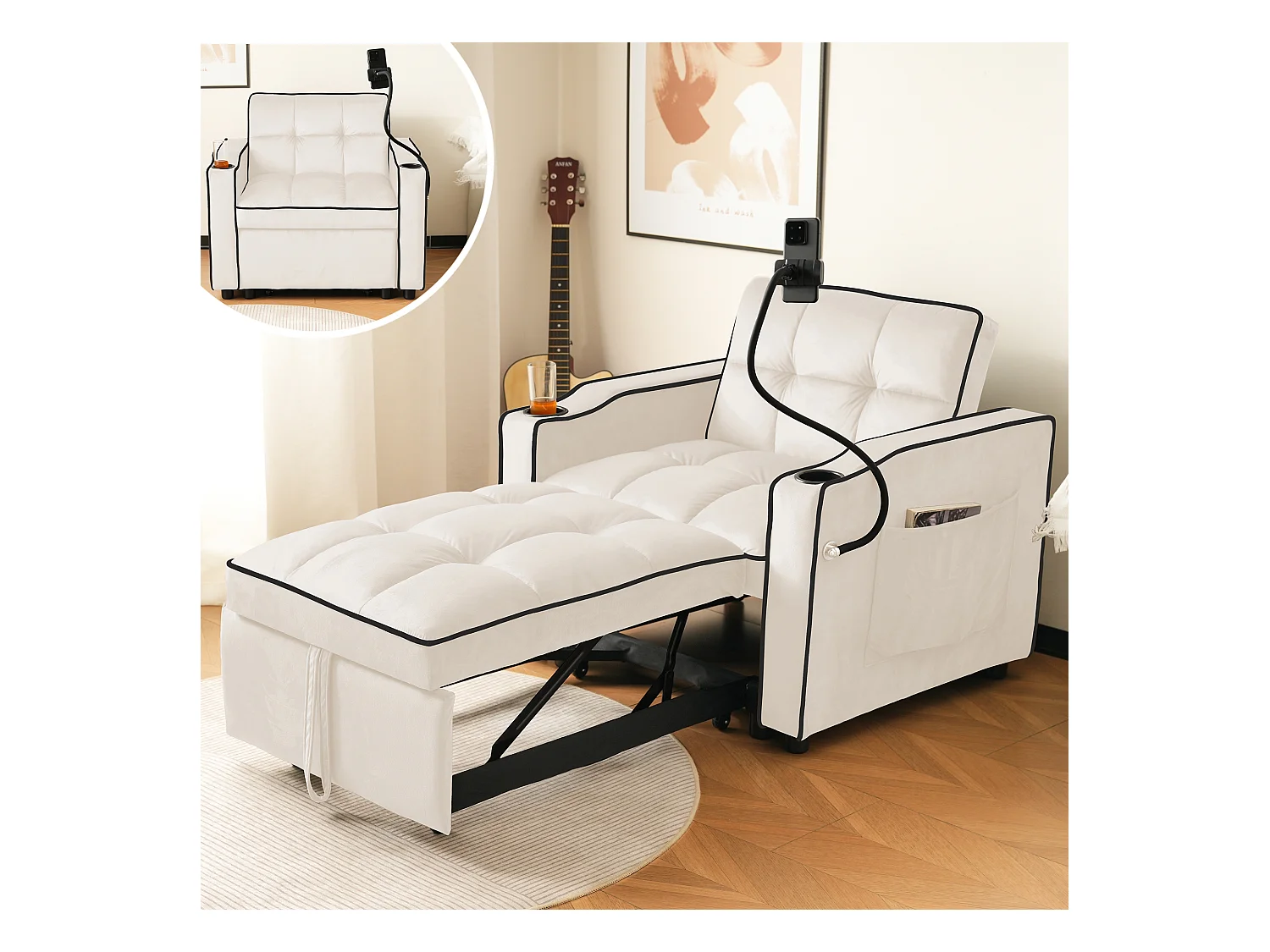 Canapé convertible 3-en-1 avec porte-gobelets et support de téléphone, en velours, beige (83x167x76 cm)