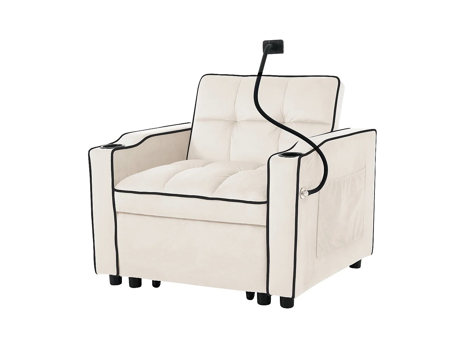 3-in-1 slaapbank met bekerhouders en telefoonhouder, fluweel, beige (83x167x76 cm)