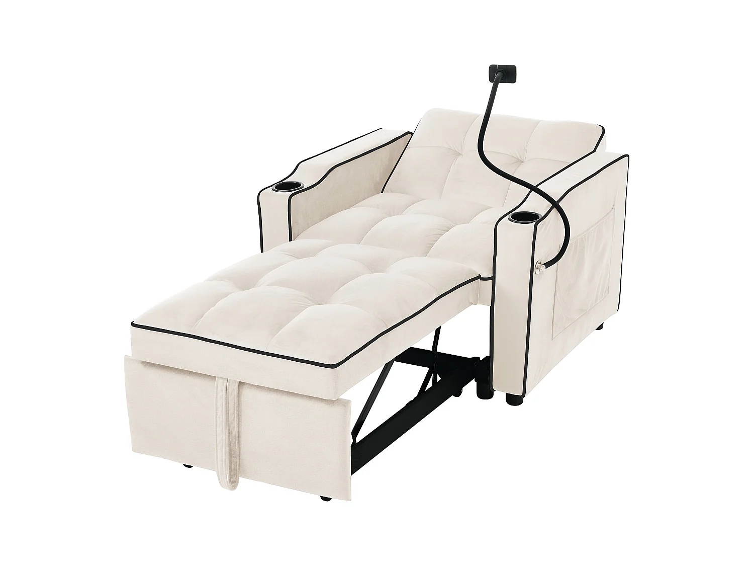 3-in-1 slaapbank met bekerhouders en telefoonhouder, fluweel, beige (83x167x76 cm)