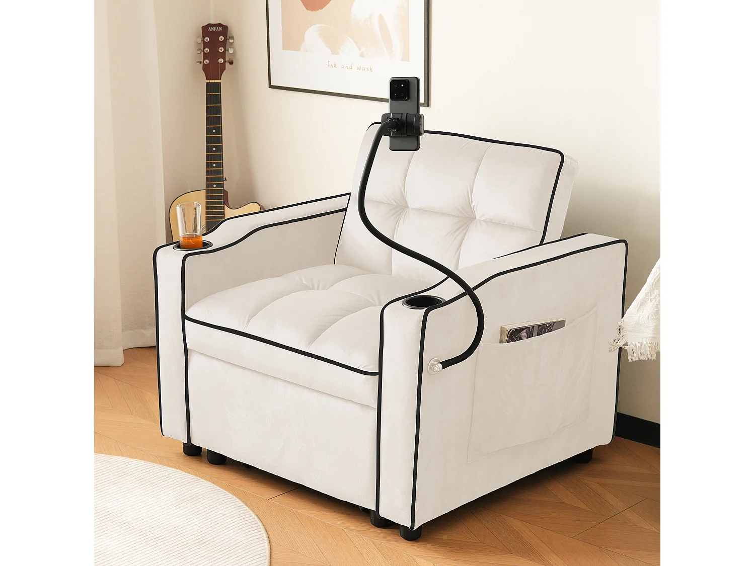 Canapé convertible 3-en-1 avec porte-gobelets et support de téléphone, en velours, beige (83x167x76 cm)