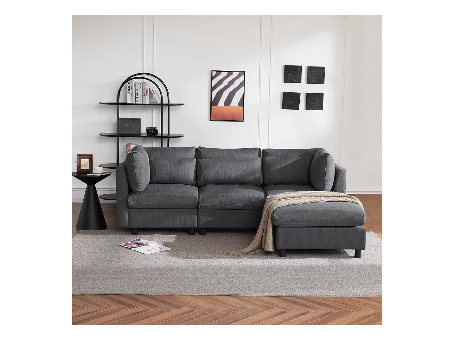 L-vormige slaapbank, modern design, linnen stof, grijs, met poef, bedfunctie (220x83x81 cm)