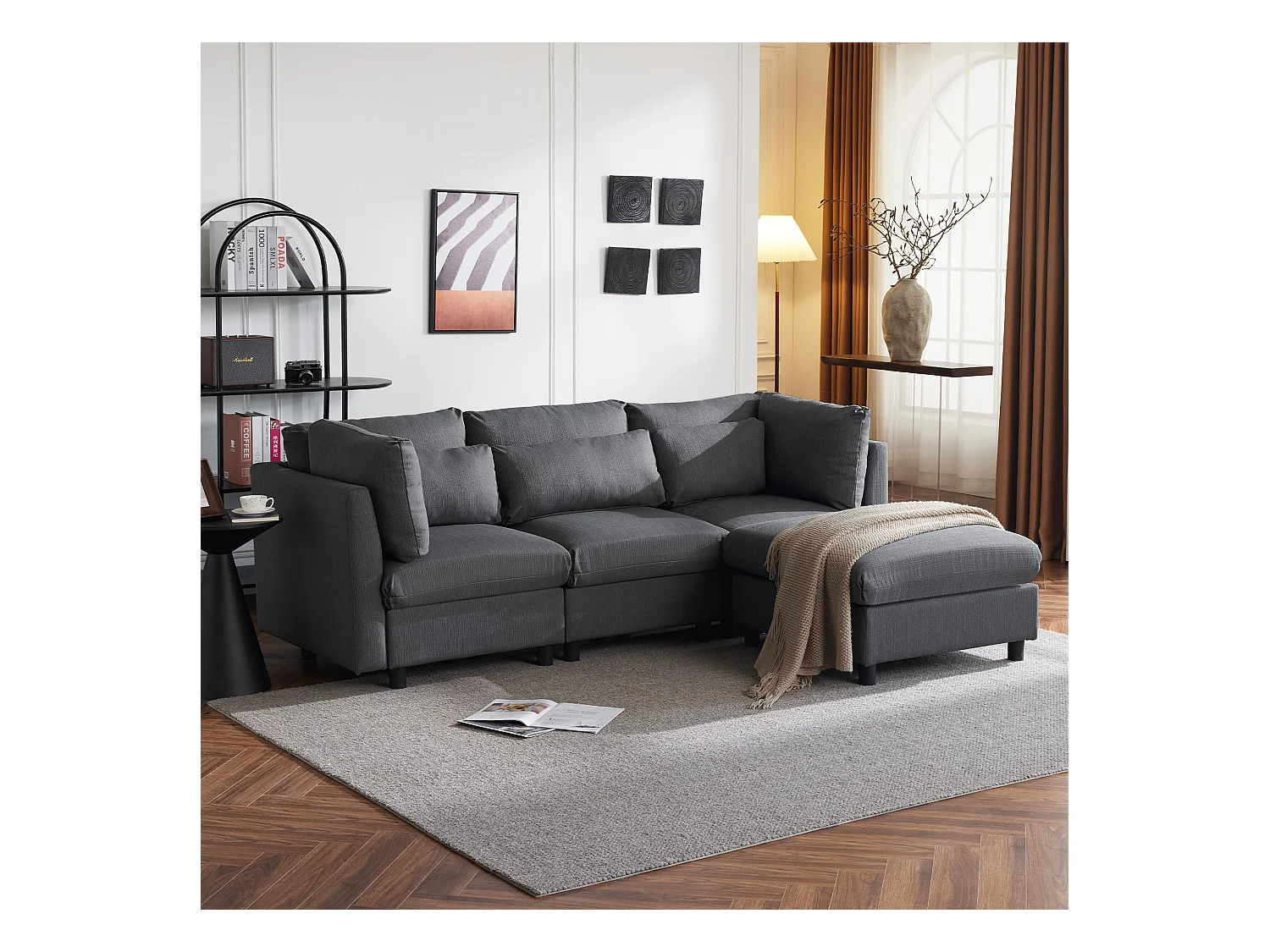 L-vormige slaapbank, modern design, linnen stof, grijs, met poef, bedfunctie (220x83x81 cm)