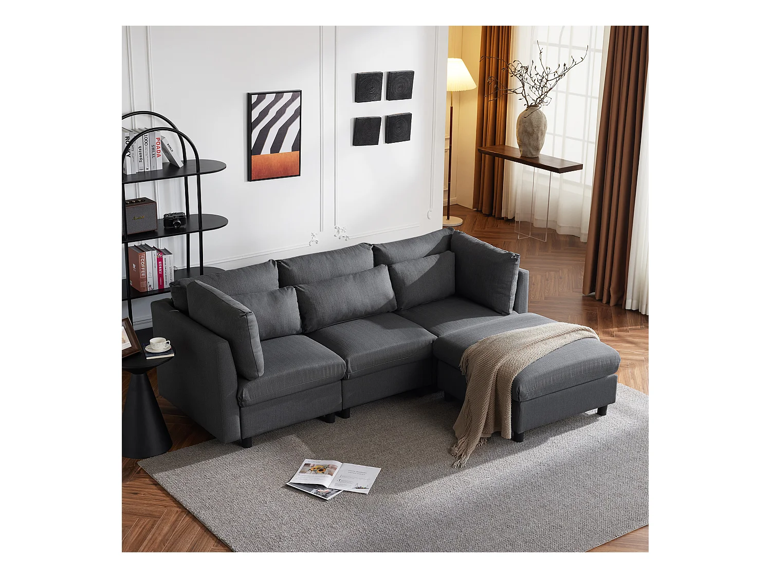 L-vormige slaapbank, modern design, linnen stof, grijs, met poef, bedfunctie (220x83x81 cm)