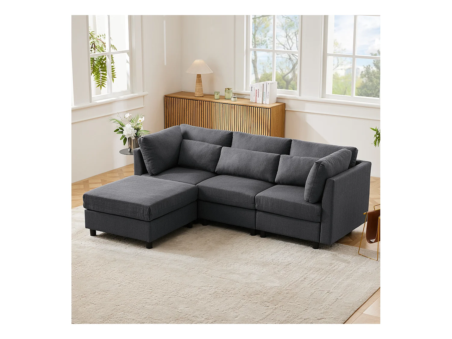 Canapé convertible L-forme, design moderne, tissu lin, gris, avec pouf, fonction lit (220x83x81 cm)
