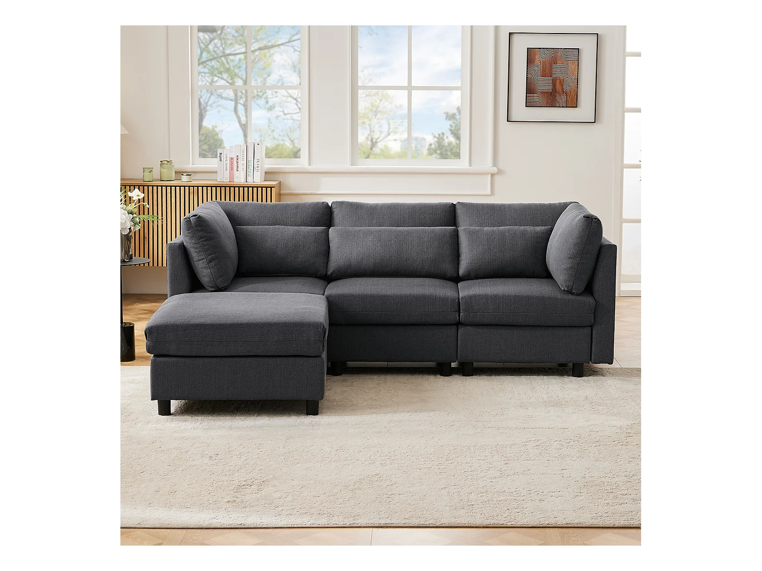 Canapé convertible L-forme, design moderne, tissu lin, gris, avec pouf, fonction lit (220x83x81 cm)