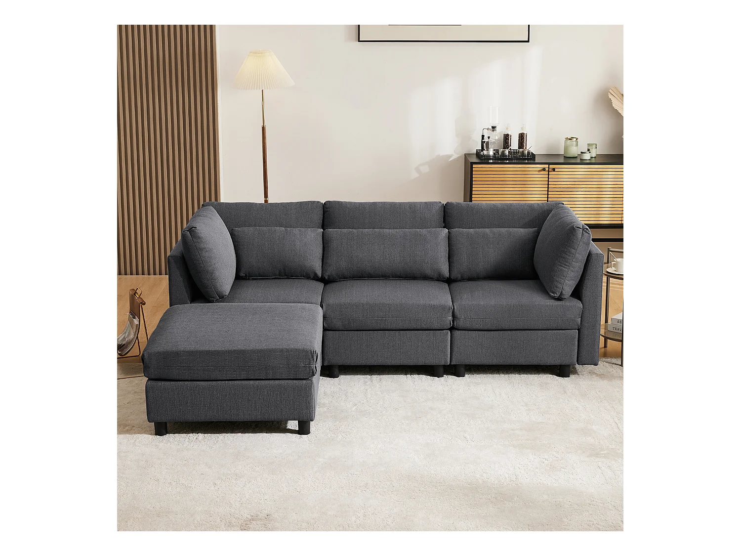 Canapé convertible L-forme, design moderne, tissu lin, gris, avec pouf, fonction lit (220x83x81 cm)