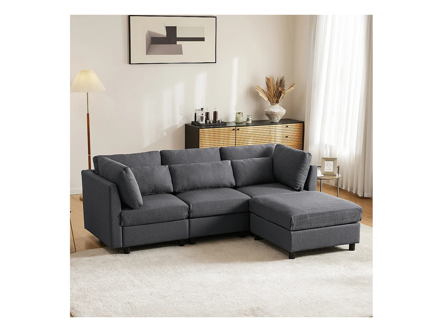 Canapé convertible L-forme, design moderne, tissu lin, gris, avec pouf, fonction lit (220x83x81 cm)