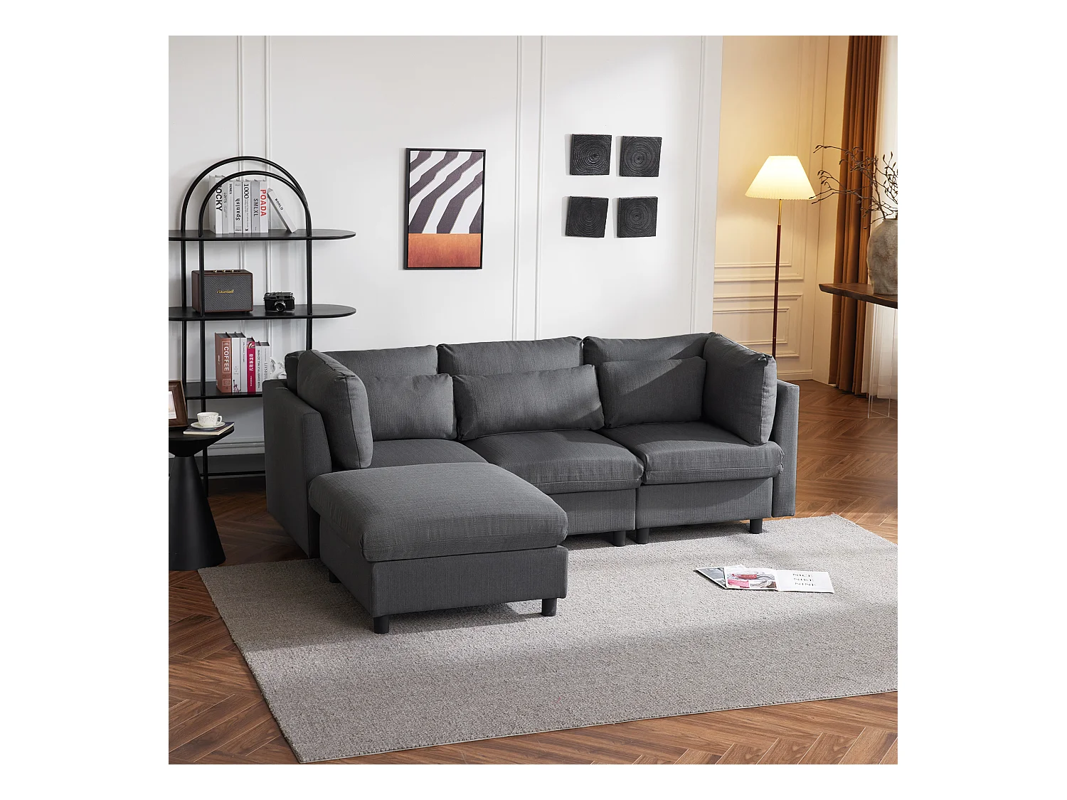 Canapé convertible L-forme, design moderne, tissu lin, gris, avec pouf, fonction lit (220x83x81 cm)